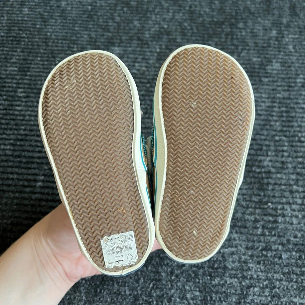 Sperry Intrepid Crib Jr Boat Shoes Infant 4M Tan Blue Leather Wave Pattern
